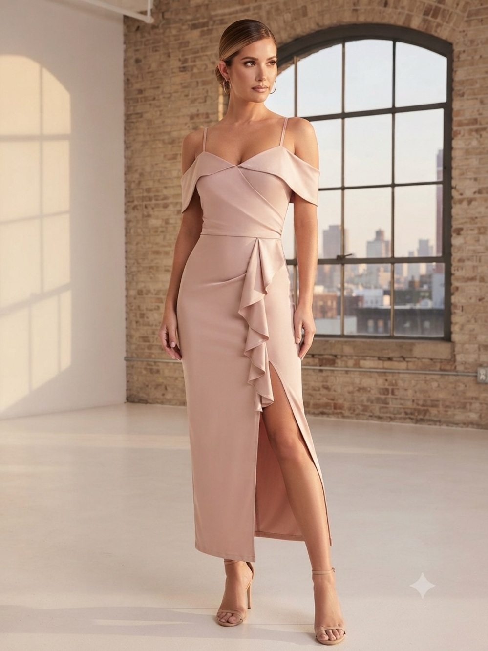 Karina Grimaldi Blush Off-Shoulder Ruffle Midi Dress
